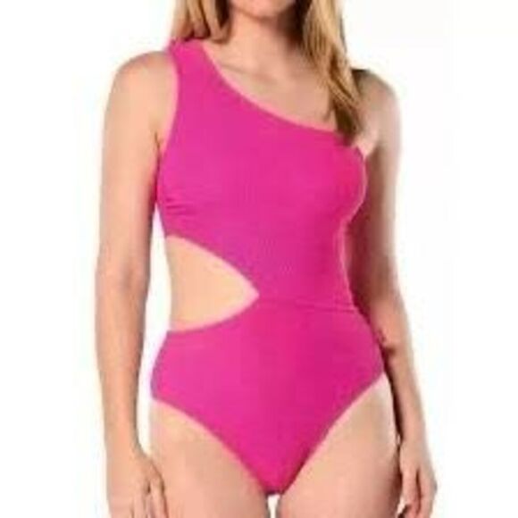 NWT MICHAEL MICHAEL KORS ONE SHOULDER SIDE CUT OUT ONE PIECE WOMEN SWIMSUIT Si - Picture 1 of 6